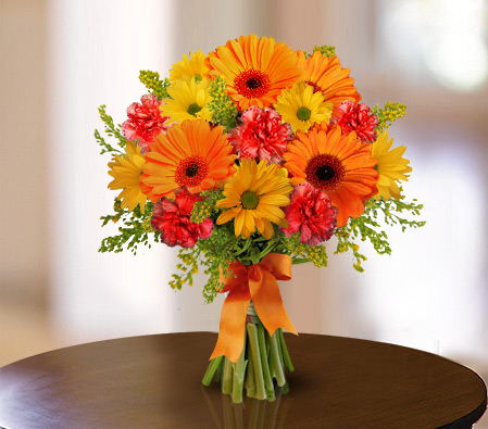 Rays Of Sunset-Orange,Yellow,Carnation,Chrysanthemum,Gerbera,Bouquet