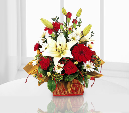 Mixed Flowers in Basket-Red,White,Carnation,Daisy,Gerbera,Lily,Bouquet