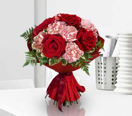 Dahlia Embrace - Red Roses & Pink Carnations-Pink,Red,Carnation,Rose,Bouquet