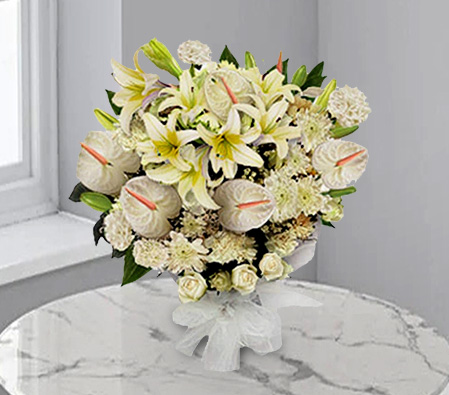 White Wonder-White,Lily,Chrysanthemum,Carnation,Anthuriums,Mixed Flower,Bouquet