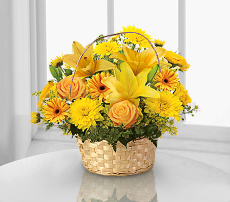 Costeno Colors - Mixed Arrangement-Yellow,Carnation,Chrysanthemum,Gerbera,Lily,Mixed Flower,Rose,Arrangement,Basket