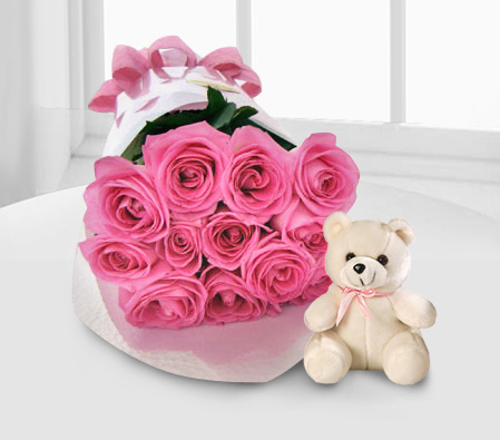 Dreamy Mists - 12 Pink Roses & Teddy-Pink,Rose,Teddy Bear,Bouquet