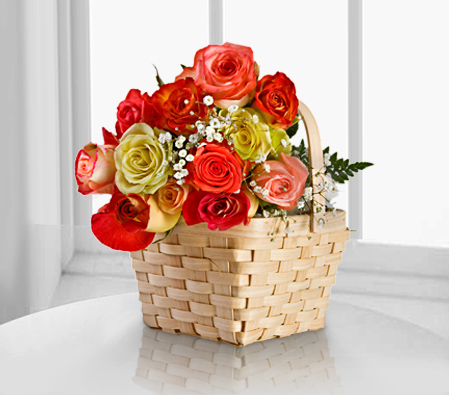 Rainbow Roses In Basket-Mixed,Pink,Red,Yellow,Rose,Arrangement,Basket