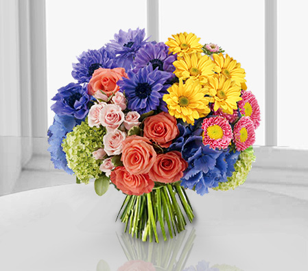 Shower Of Colors-Blue,Mixed,Orange,Purple,Yellow,Daisy,Gerbera,Hydrangea,Mixed Flower,Rose,Bouquet