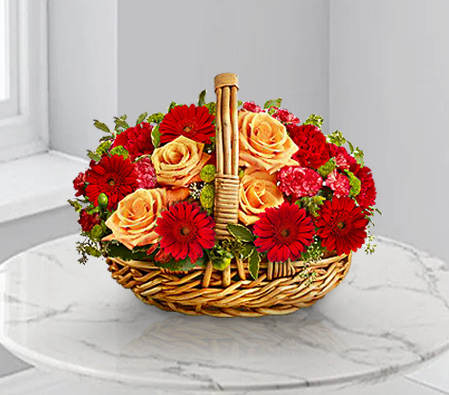 Brilliant Floral Basket-Mixed,Orange,Red,Carnation,Gerbera,Mixed Flower,Rose,Arrangement,Basket