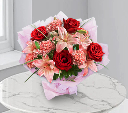 Splendid-Mixed,Pink,Red,Carnation,Lily,Mixed Flower,Rose,Bouquet