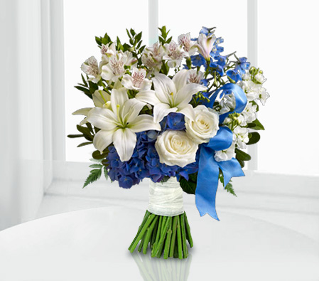 Cool Buru-Blue,White,Alstroemeria,Lily,Mixed Flower,Rose,Bouquet